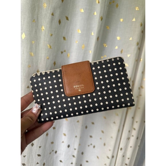 Fossil Polk Dot Color Block Cow Hide Leather Snap Button Closure Back Zip Wallet - Picture 2 of 6